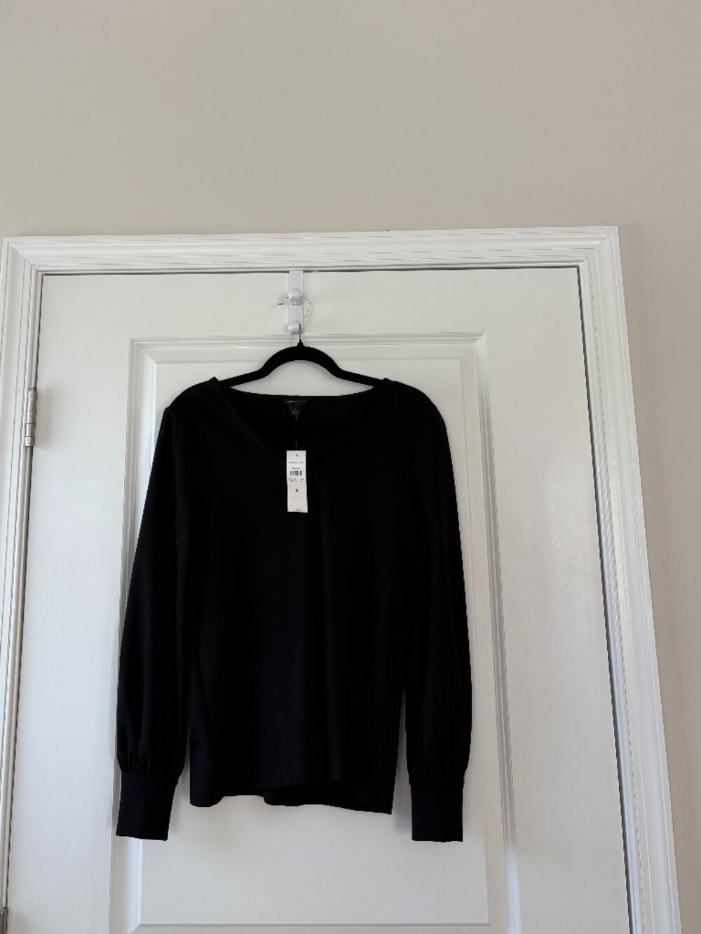 Ann Taylor Black Long Sleeve Minimalist Mixed Media Puff Sleeve Top Size Small